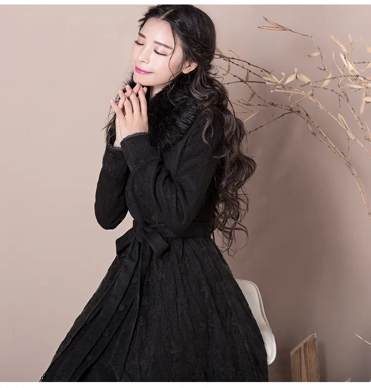 Зимнее модное Брендовое шерстяное пальто с кружевной отделкой и натуральным