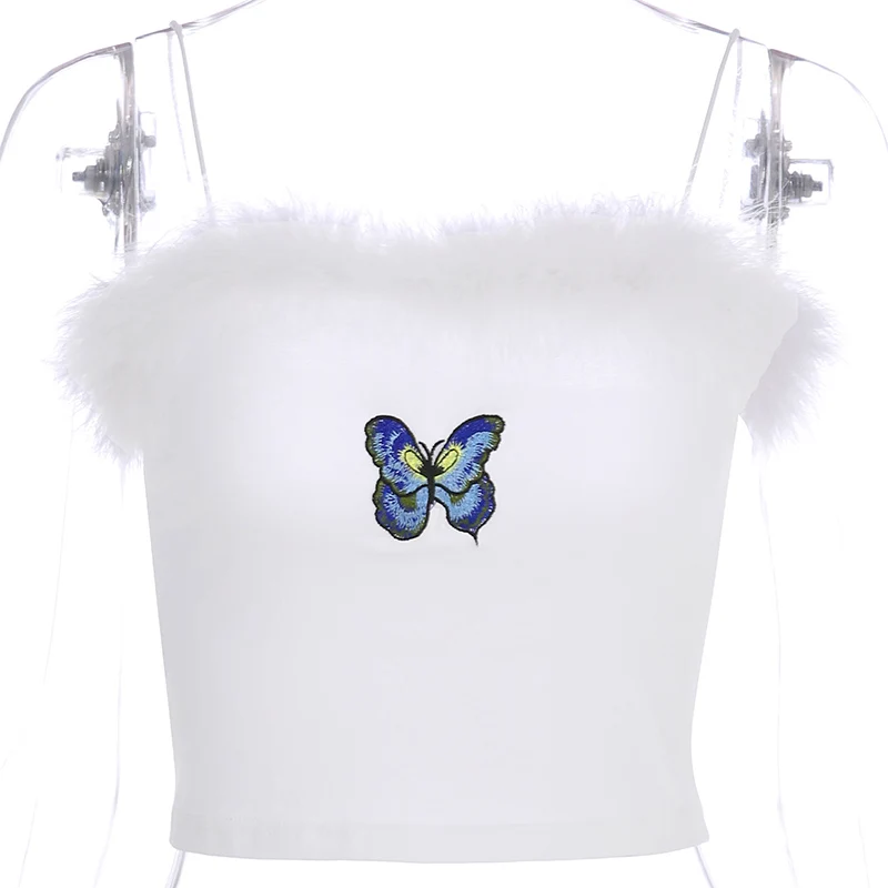 white top Darlingaga шикарный сексуальный топ на бретельках с белыми перьями, женский модный топ без косточек с вышивкой в виде бабочек, короткий топ на бретельках, летние топы, одежда - Цвет: white top