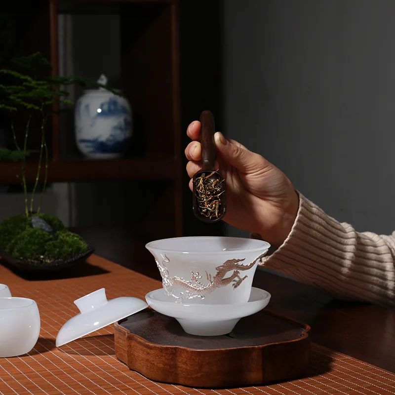 Розовый 120 мл, нефрит, Китай, с серебром, Gaiwan Dragon, инкрустированный серебром китайский чай кунг-фу, супница, ручная работа, домашний чай, посуда для напитков