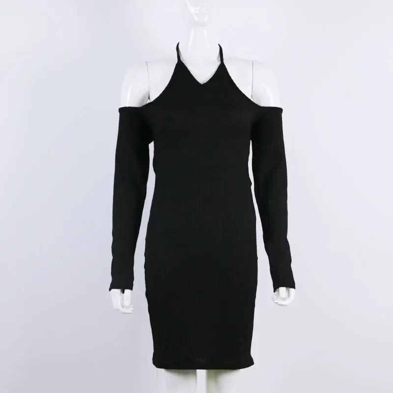 Женское трикотажное платье свитер с открытыми плечами и длинным рукавом|vestido