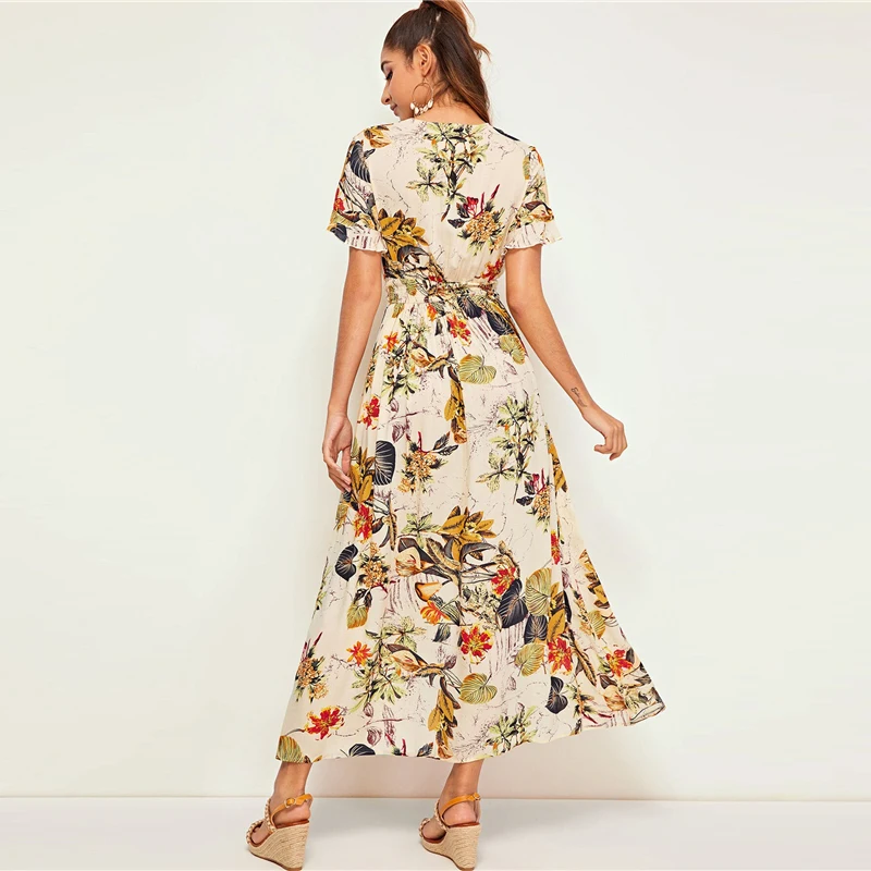 SHEIN платье с тропическим принтом и пуговицами на талии,, Boho, женское, абрикосовое, с рюшами, с завязками спереди, с v-образным вырезом, летнее платье