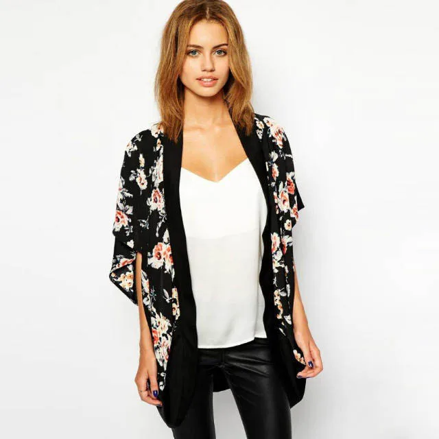 XL плюс размер свободное кимоно с принтом Летний стиль короткий рукав шифоновый