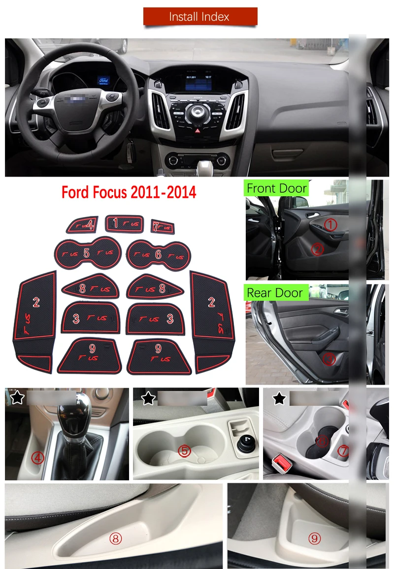Противоскользящий резиновый коврик для подстаканников Ford Focus 3 MK3 2011 2012 2013 2014 pre