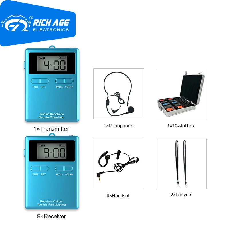 구매 RichiTek 무선 전송 시스템 미니 1 송신기 + 콘덴서 마이크가 있는 투어 가이드용 수신기 9 개