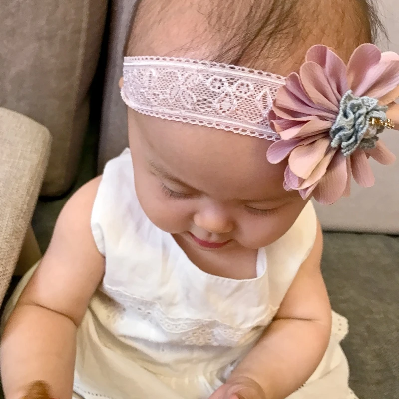 Baby Headbands Girls Big Flower Head Band Kids Lace Elastic Headwear Toddler Pearl Crown Headwrap Newborn Cute Photo Props | Детская