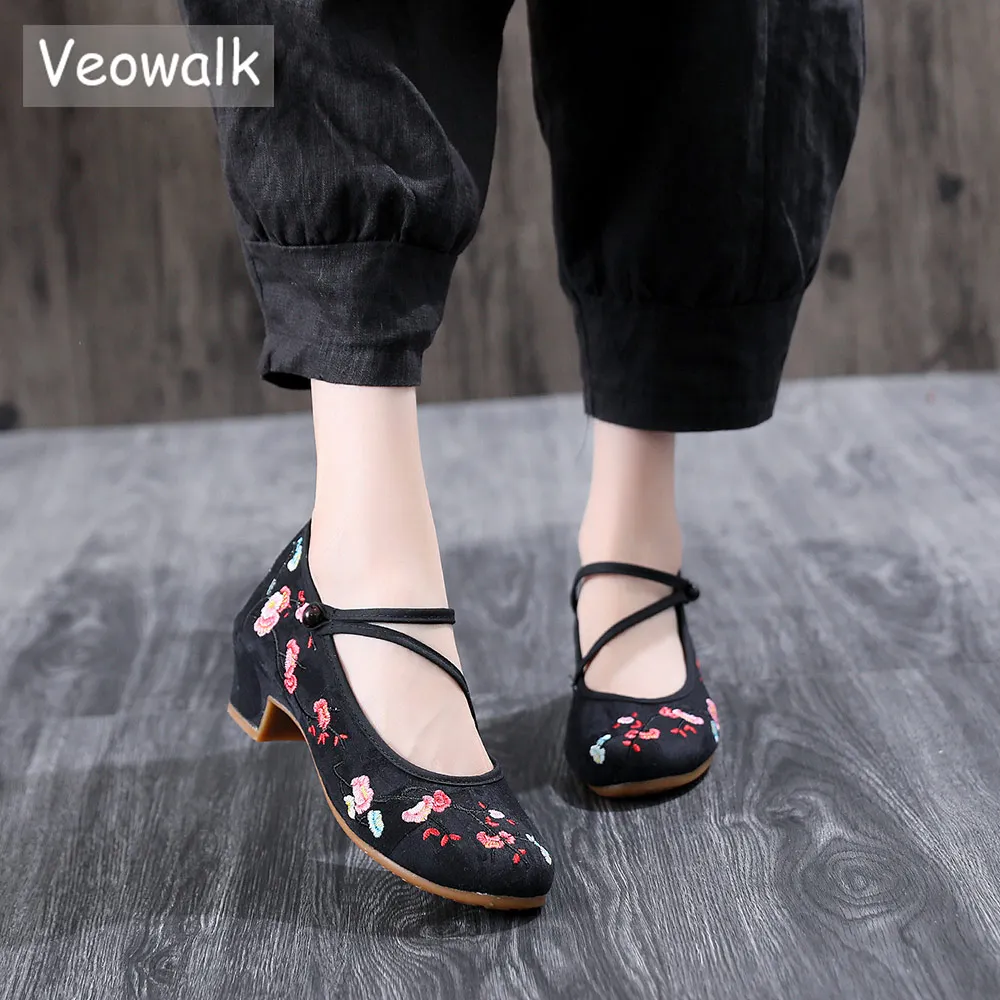 Veowalk/Женская обувь с вышивкой из жаккардовой ткани на блочном каблуке Женские