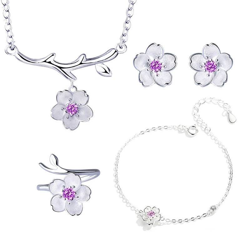 Purple 4 pcs per set ANENJERY, 925 пробы, серебряные ювелирные наборы, романтическая цветущая вишня, цветок, ожерелье+ серьги+ кольцо+ браслет для женщин - Окраска металла: Purple 4 pcs per set