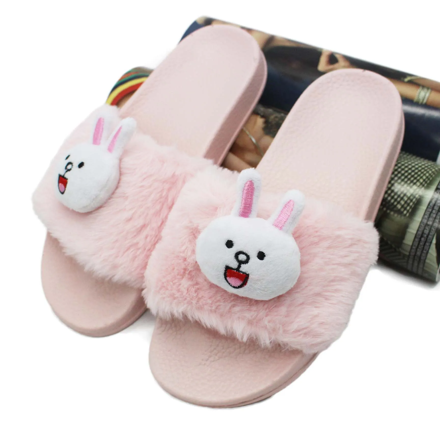 Тапочки женские zapatos mujer слипоны ползунки пушистый искусственный мех плоская