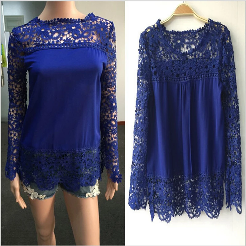 2016 Новый Женский Белый Вязание Крючком Кружева Рубашки Женщины Цветочные С