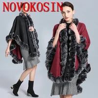 5 colors winter thick black with grey loose poncho cloak women double side streetwear faux fox fur neck big pendulum overcoat