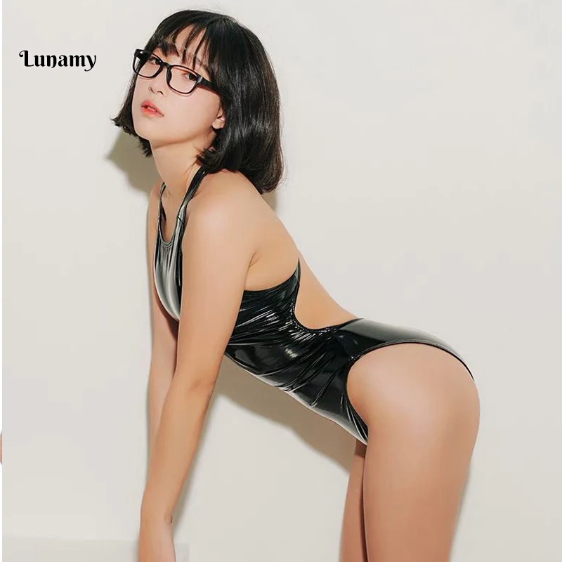Lunamy,, сексуальные леотарды, ПУ, черный, глянцевый, боди, костюм с высокой посадкой, Цельный купальник, женский боди, блестящие купальники, купальник