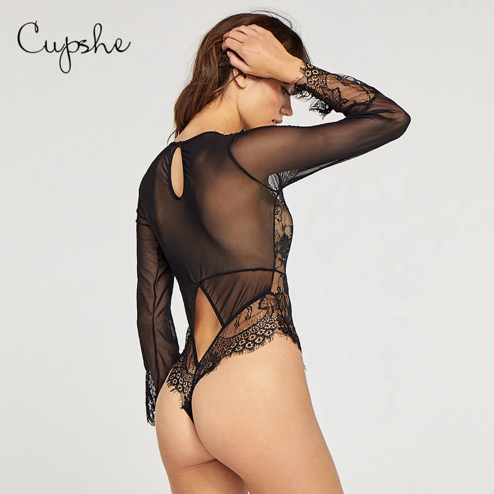 CUPSHE женское нижнее белье однотонный черный сетчатый кружевной цельный