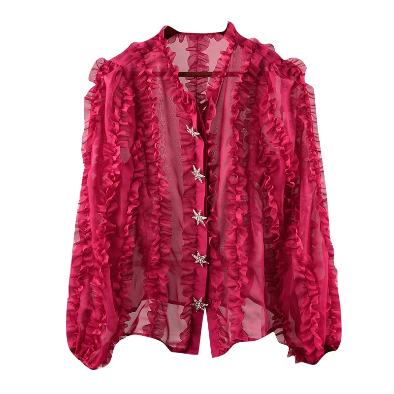 2019 Summer Party Red Ruffles Blouses Shirt Women Runway Designer Elegant Lantern Sleeve Female Tops Clothes |