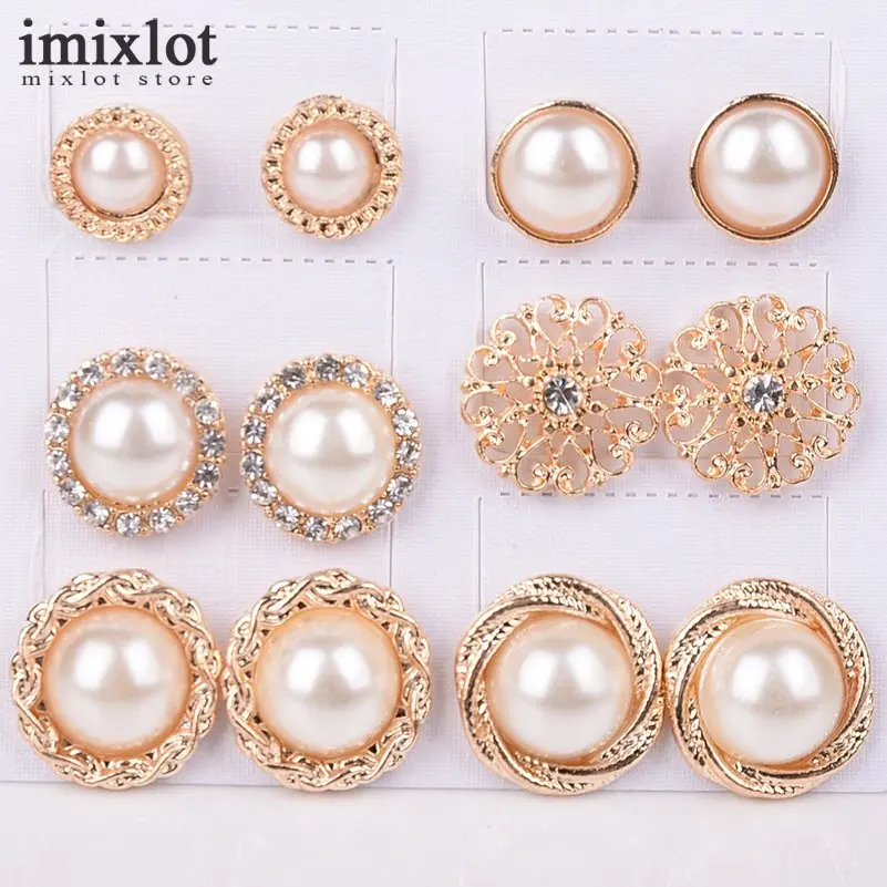 

Imixlot 6 Pair/Lot Fashion Vintage Charm Jewelry Gold-Color Round Half Simulated Pearls Flower Stud Earring For Women серьги