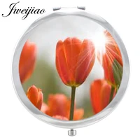 jweijiao lily flowers makeup mirror lovely flower plant image glass cabochon floding round compact hand pocket mirror