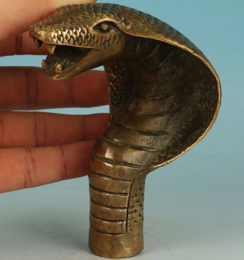 Chinese Old Bronze Handmade Carved cobra Snake Statue Cane Walking Stick Head | Дом и сад