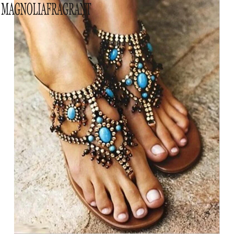 Sandalias mujer Женские богемные плоские сандалии женская обувь с прямым валиковым швом
