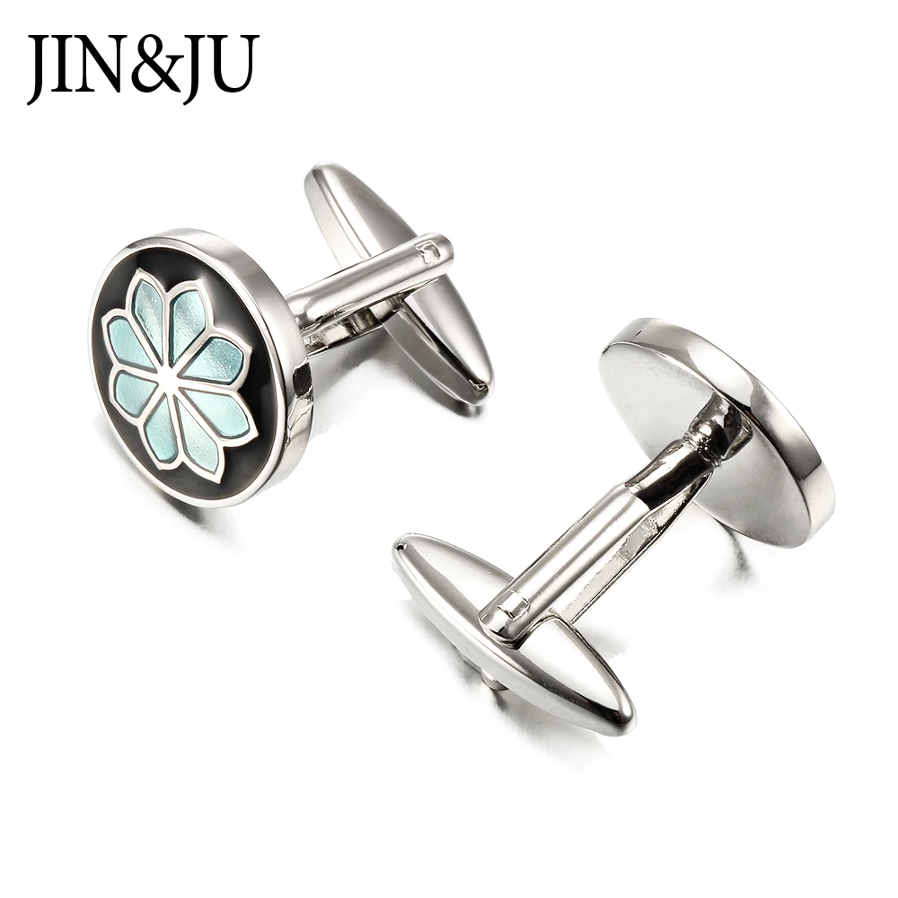 JIN & JU новейшие круглые Синие запонки в форме цветов для мужчин из нержавеющей