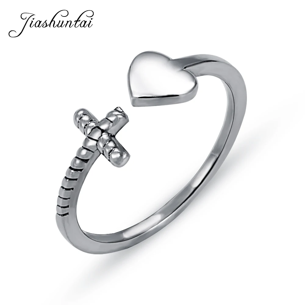 

JIASHUNTAI Real 925 Sterling Silver Rings For Women Fashion Heart And Cross Adjustable Ring Fine Silver Jewelry for Lover Gifts