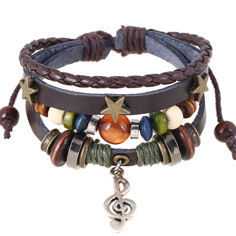 Boho Gypsy хиппи черный коричневый кожаный Звездный G Clef музыкальная нотка