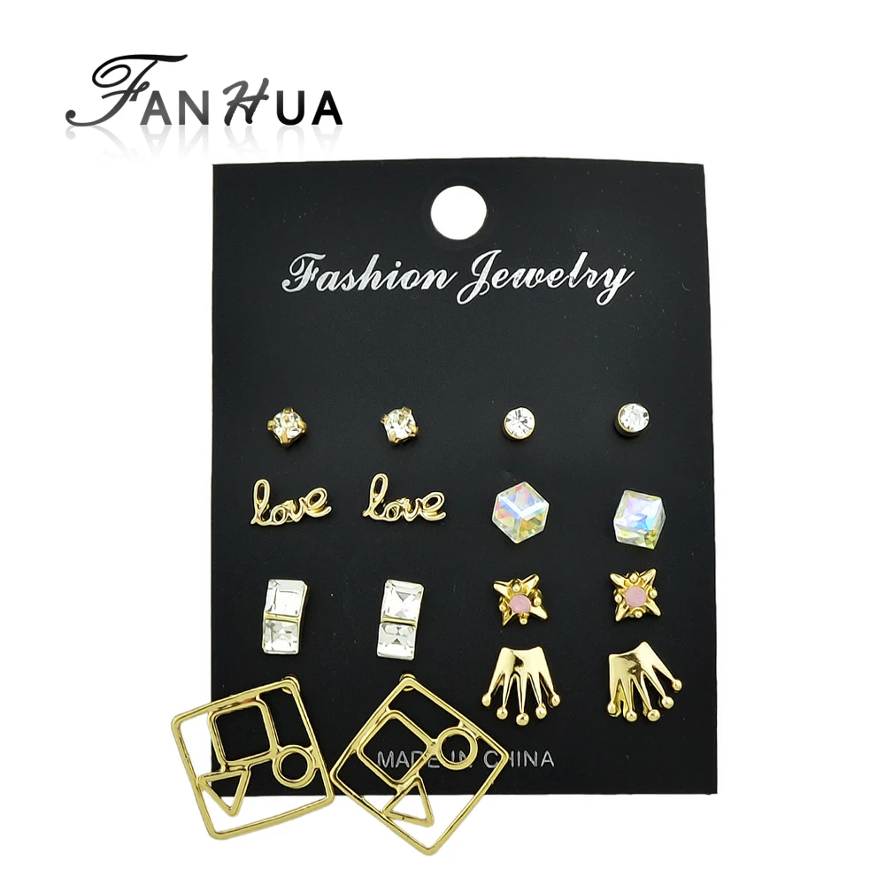 Fanhua 8 пар/компл. чешские Стразы Серьги набор Корона любовное письмо цветок