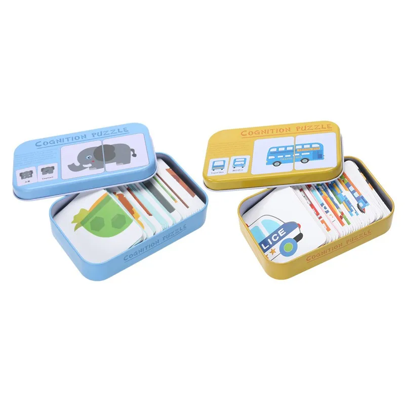 

32 PCS Baby Kids Cognition Puzzle Toys Toddler Iron Box Cards Matching Game Cognitive Card Vehicl Fruit Animal Set Pair Puzzle