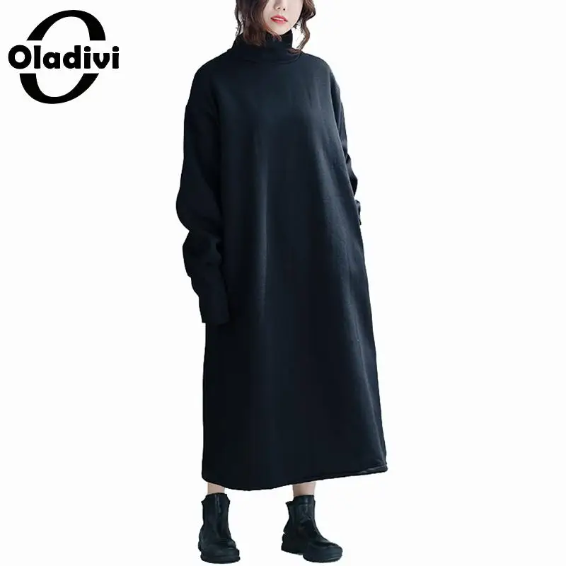 Oladivi Plus Size Women Velvet Hoodies& Sweatshirt Ladies Turtleneck Warm Coat Female Winter Long Top Tunic Vestidios Red Black