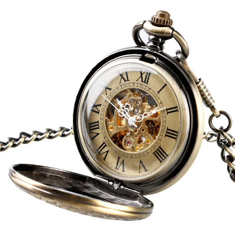 Automatic Mechanical Pocket Watch Men Women Carving Skeleton Fashion Chain Stylish Fob Copper Xmas Exquisite Bronze Clock Gift