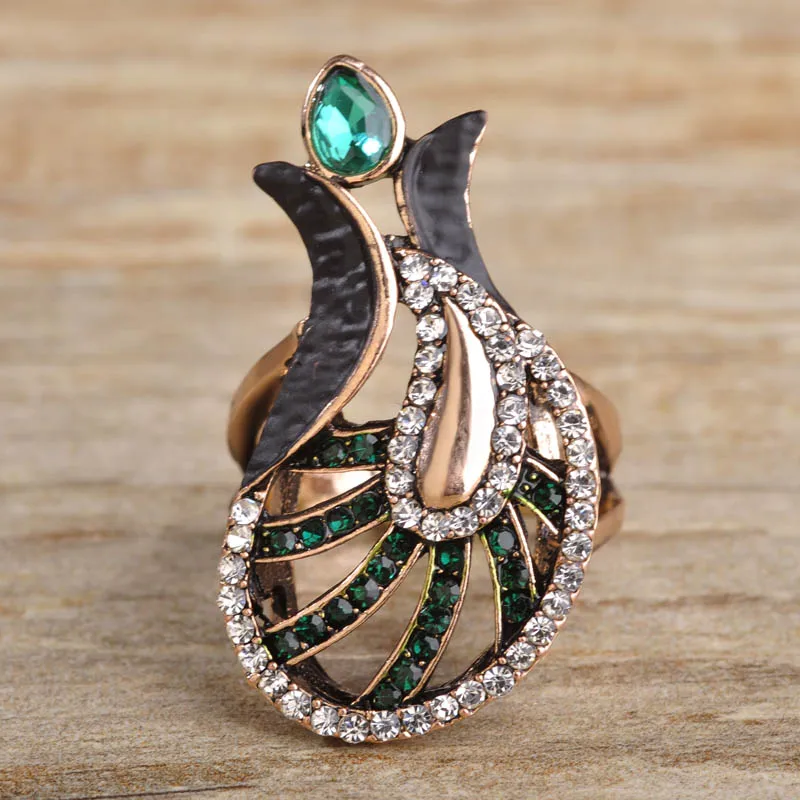 

Blucome New Flower Wide Ring Green Resin Vintage Bottle Shape Rings Turkey Hollow Crystal For Women Wedding Party Accessories