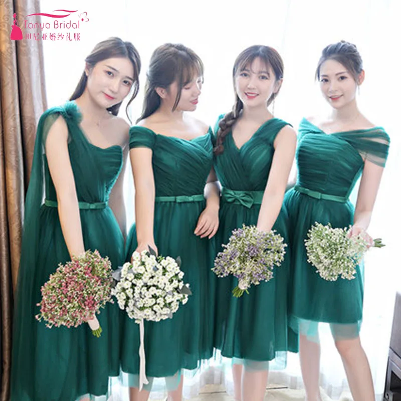 Темно зеленые платья для подружки невесты длиной до колена недорогие 4 стиля