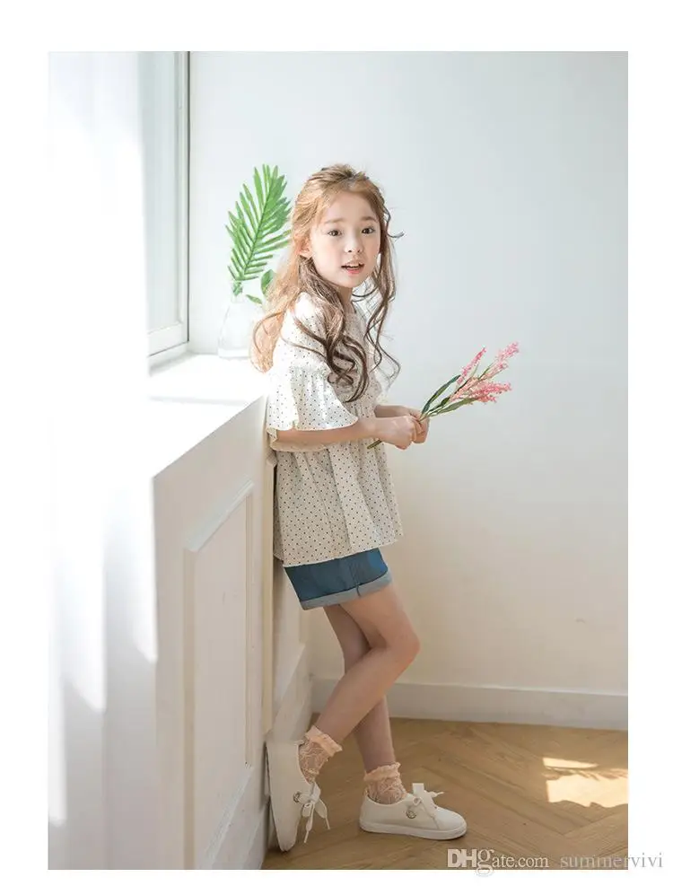 Дети Устраивает Девушки горошек печатные топы + короткие джинсовые брюки