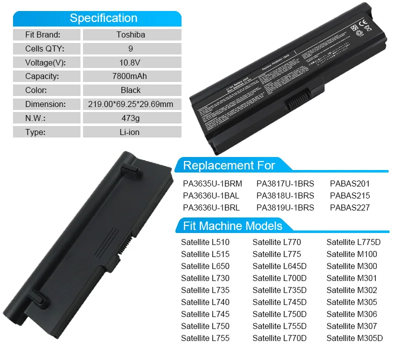 9 CELL Аккумулятор для ноутбука Toshiba Satellite L510 l645d l700d l740 L515 L650 L730 L745 pa3635u-1brm pa3817u-1brs pabas201