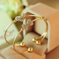 full bling crystal bow heart golden metallic opening bracelets bangles for women