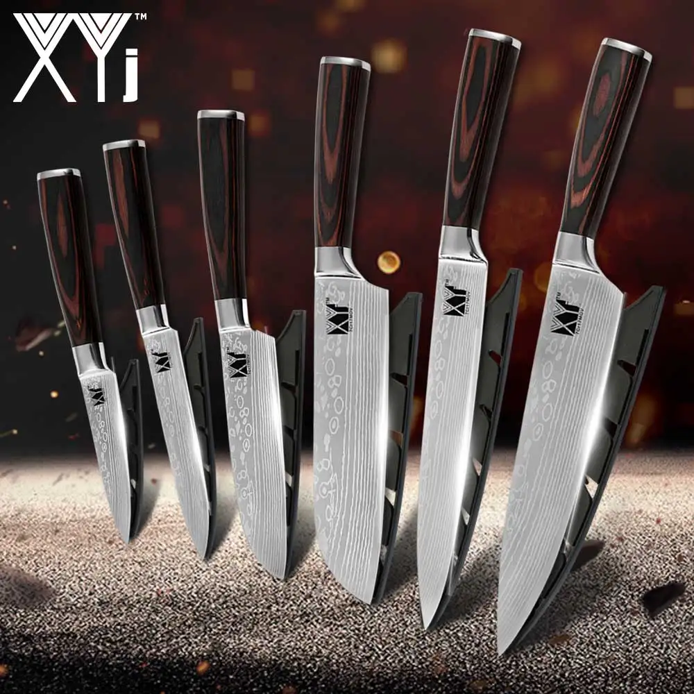 

XYj Kitchen Knife Set Stainless Steel Blades Damascus Laser Chef Knife Sets Slicing Santoku Wood Handle Kitchen Cooking Tools