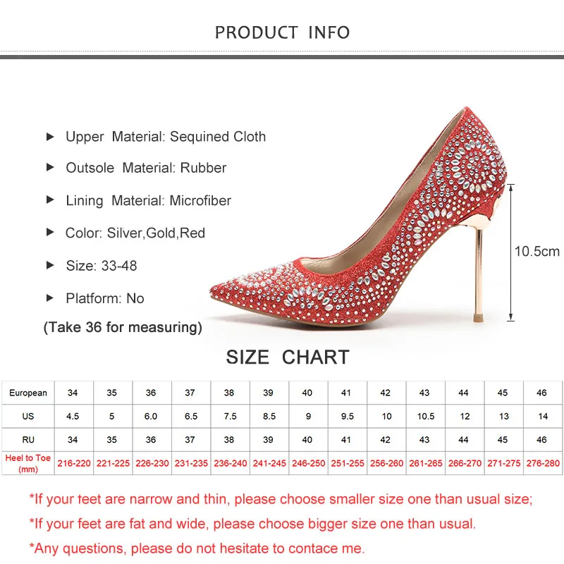 

Women Pumps High Thin Heel Metal Pointed Toe Sexy Ladies Bling Crystal Bridal Wedding Women Shoes Red High Heels Big Size 33-48