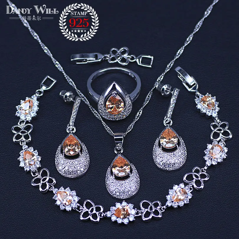 

pear silver color Bridal Jewelry Champagne Zircon Jewelry Sets For Women Earrings/Pendant/Necklace/Rings/Bracelet