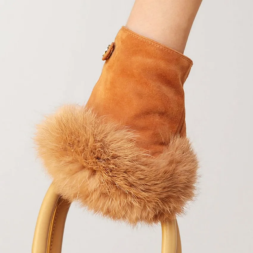 Модные замшевые кожаные перчатки варежки без пальцев из кроличьего меха для