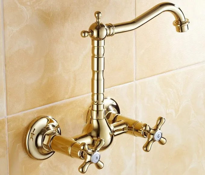 Роскошный латунный настенный поворотный кран золотого цвета для раковины в