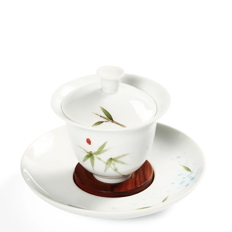 

200ml Japanese White Porcelain Hand Painted Bamboo Gaiwan Ceramic Kung Fu Tea Set Teapot Tea Maker Cover Bowl with Pot Holder