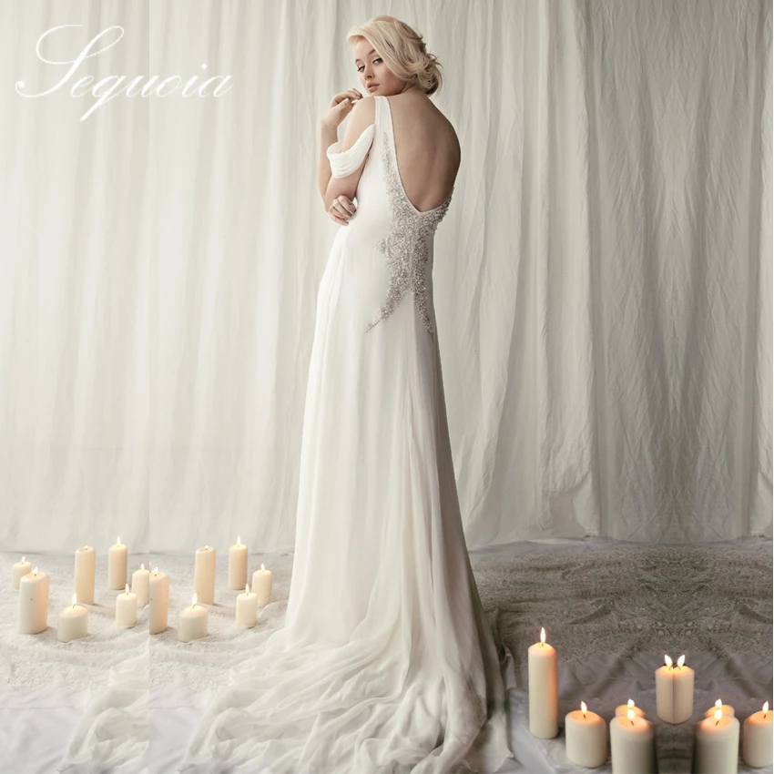 Сексуальный шеи без рукавов открыть задолго шифон пляж свадебное платье с бусины