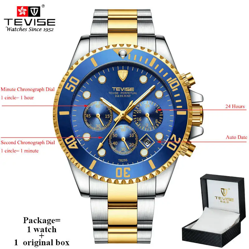 silver gold n box TEVISE часы мужские роскошные Авто Дата хронограф мужские спортивные часы водонепроницаемые нержавеющая сталь кварцевые наручные часы Relogio Masculino - Цвет: silver gold n box