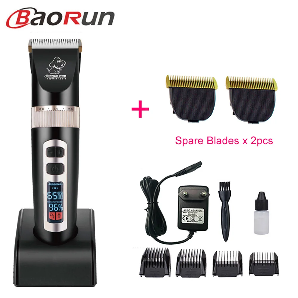 Baorun P9 машинка для стрижки собак Профессиональный ЖК-экран ПЭТ Кусачки для кошек электрический триммер для ухода перезаряжаемая машинка для стрижки животных - Цвет: Black Add Two Blade