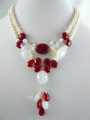 

FREE SHIPPING Hot sale new Style Exquisite 2 Row White Pearl& Red stone Stone Necklace