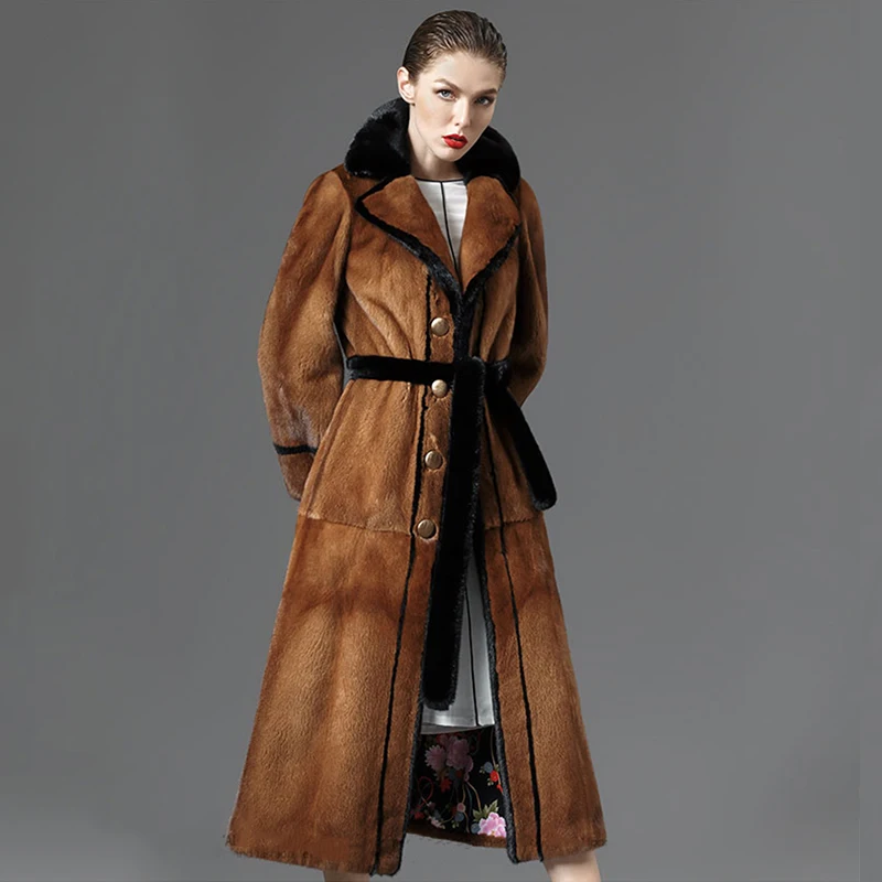 LVCHI Winter 2019 Import Mink Fur Coat Women's Long Sleeve Coat Butterfly Neck Real Natural Fur X-Long Sashes Causal Mink Coats