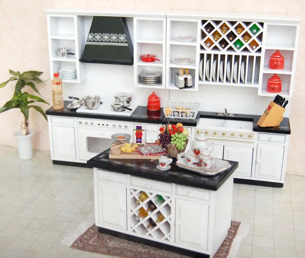 1:12 Dollhouse Miniature Kitchen Cabinets Set Wood Furniture Basin Stove Counter#WD025