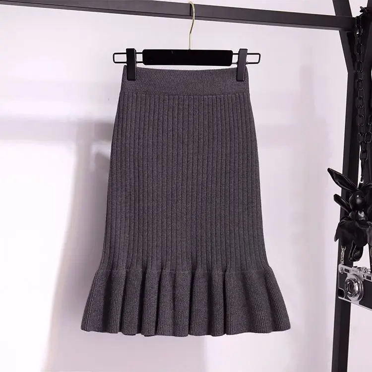 Vangull Women long sweater skirt Winter female ruffle midi pleated skirts maxi knitted high waist warm elegant Saias Jupe Femme - Цвет: Gray for 50cm