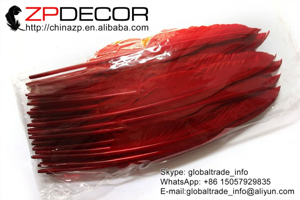 

ZPDECOR 50 pcs/lot 25-30cm(10-12 inch) Hand Select Red Dyed Goose Primary Pointer Wing Feather Wholesale Costume