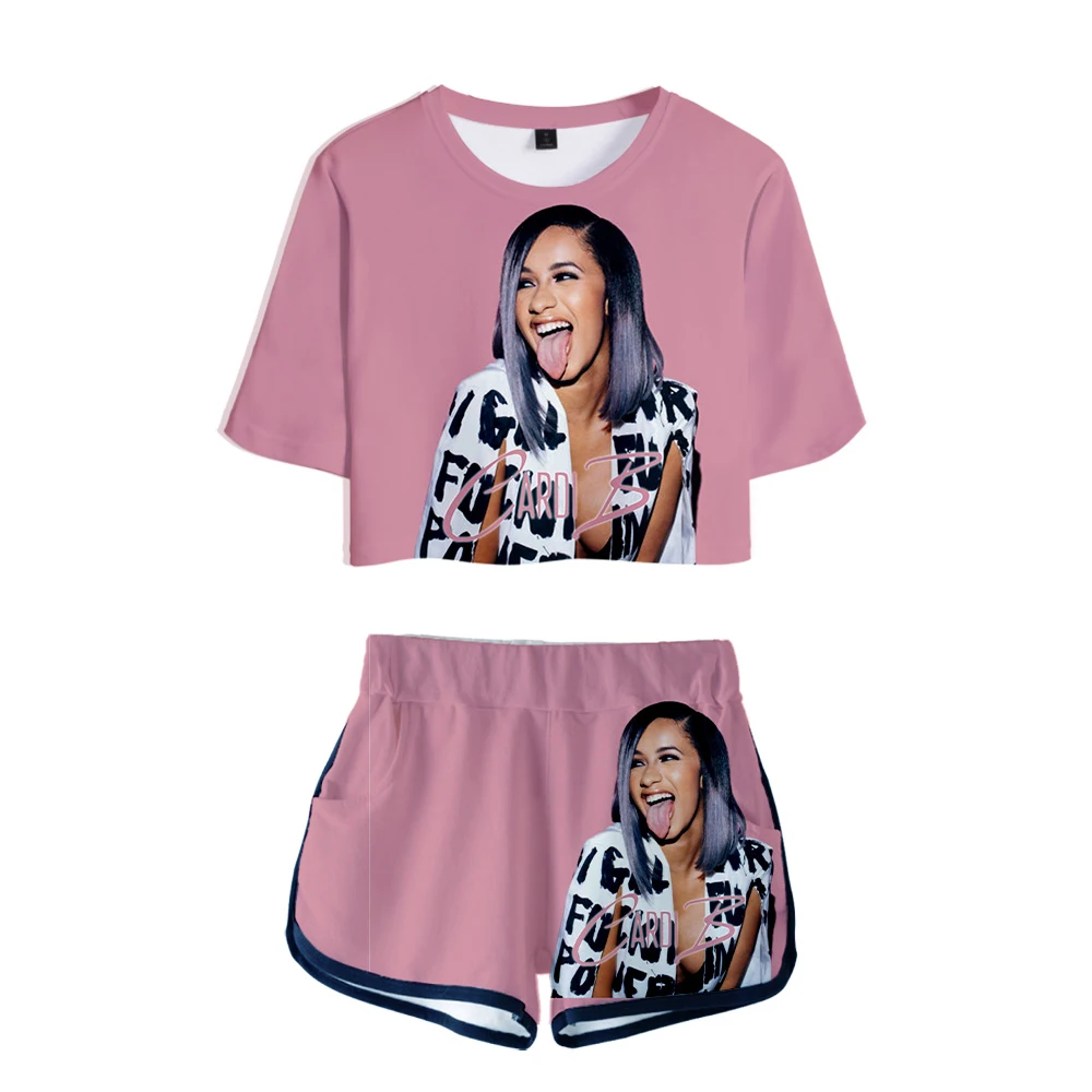 Женская одежда, 2 предмета, женский розовый костюм Cardi B, футболка с 3D принтом, женский костюм, шорты, летний укороченный топ из 2 предметов, ансамбль женский