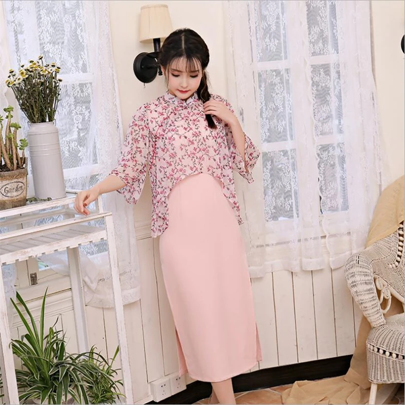 Винтажное женское платье Чонсам из двух частей Цветочная шифоновая Китайская