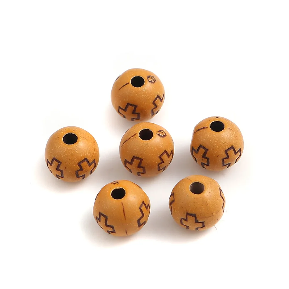 Doreen Box акриловые бусины Круглые светло-коричневые крест узор Имитация дерева